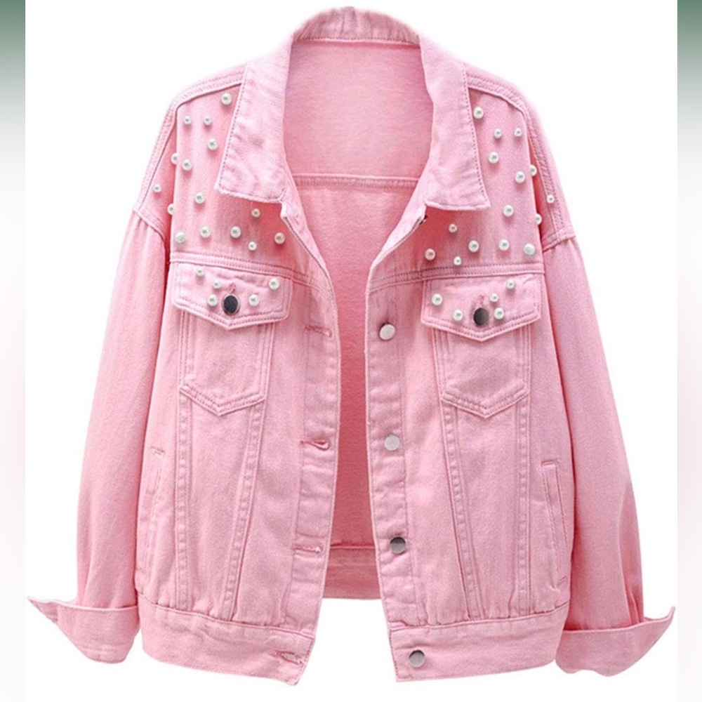 LifeShe Women's Pink Pearl Denim Jean Jacket